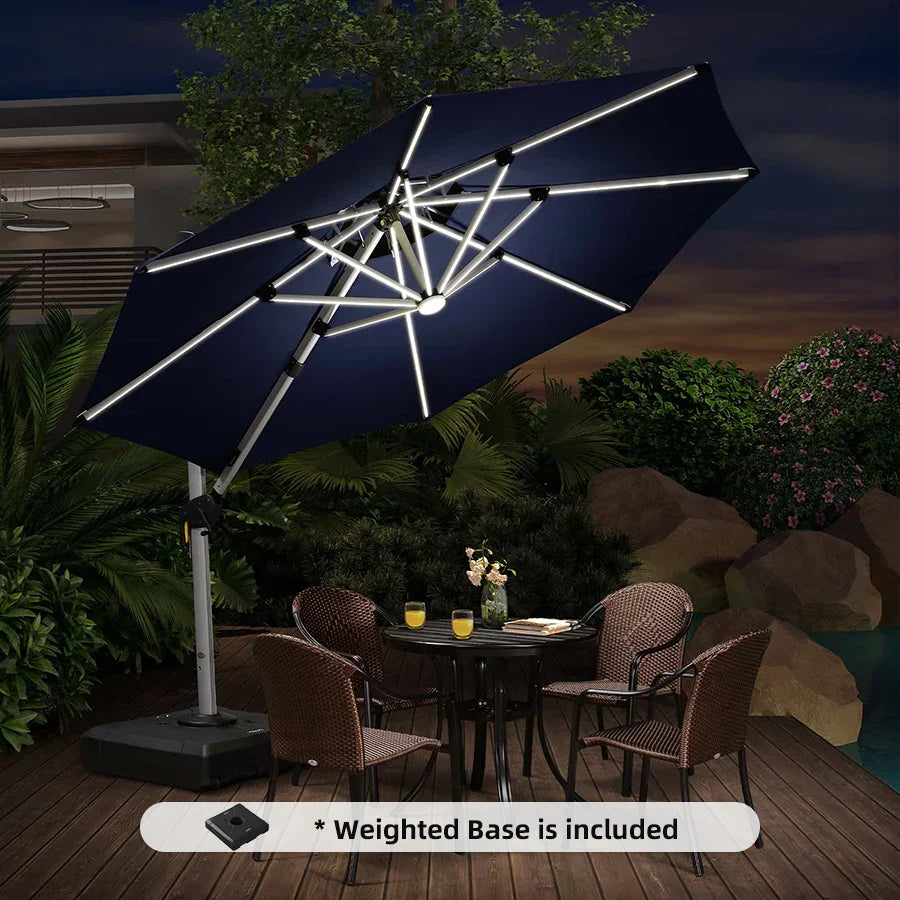 Round Cantilever Umbrella with Base, Outdoor Umbrellas with Lights