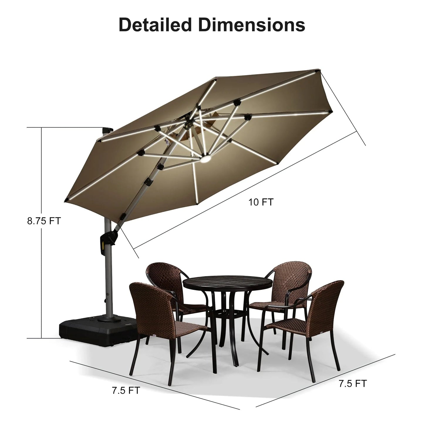 Round Cantilever Umbrella with Base, Outdoor Umbrellas with Lights