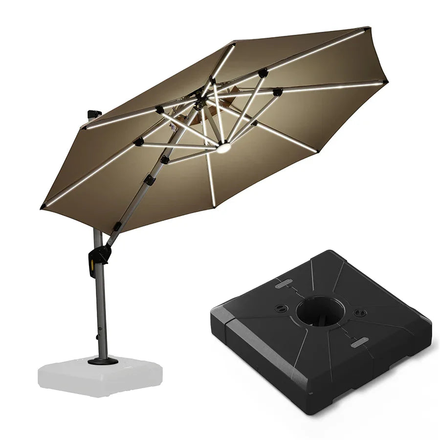 Round Cantilever Umbrella with Base, Outdoor Umbrellas with Lights