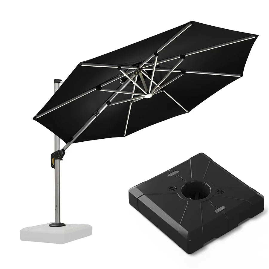Round Cantilever Umbrella with Base, Outdoor Umbrellas with Lights