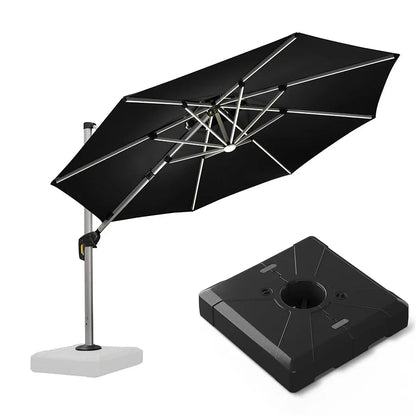 Round Cantilever Umbrella with Base, Outdoor Umbrellas with Lights