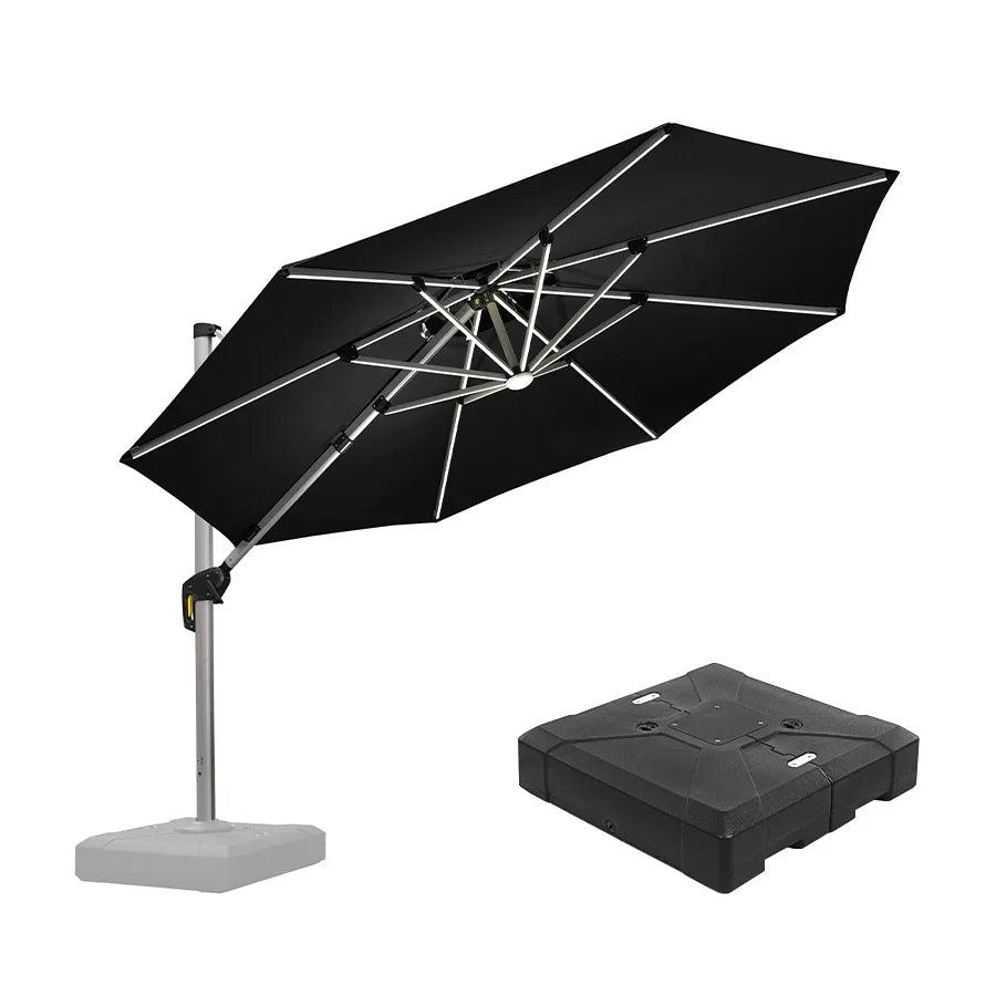 Round Cantilever Umbrella with Base, Outdoor Umbrellas with Lights