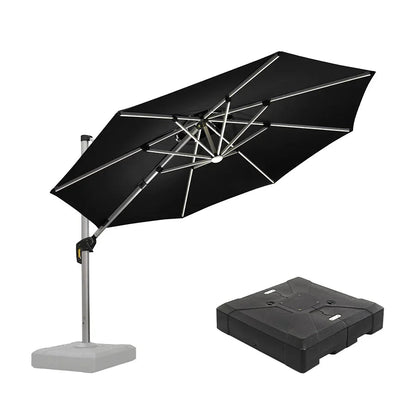 Round Cantilever Umbrella with Base, Outdoor Umbrellas with Lights