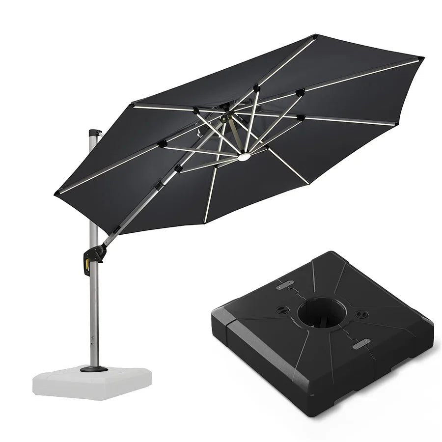 Round Cantilever Umbrella with Base, Outdoor Umbrellas with Lights
