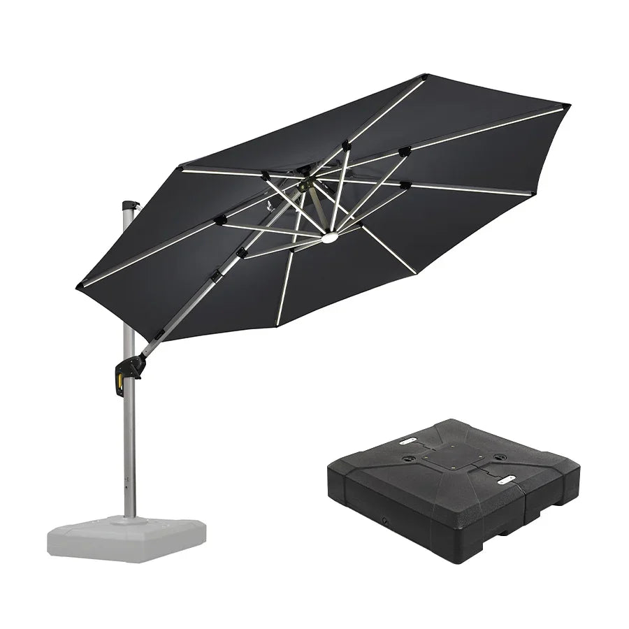 Round Cantilever Umbrella with Base, Outdoor Umbrellas with Lights