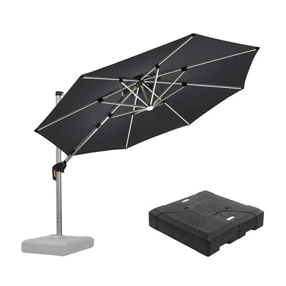 Round Cantilever Umbrella with Base, Outdoor Umbrellas with Lights
