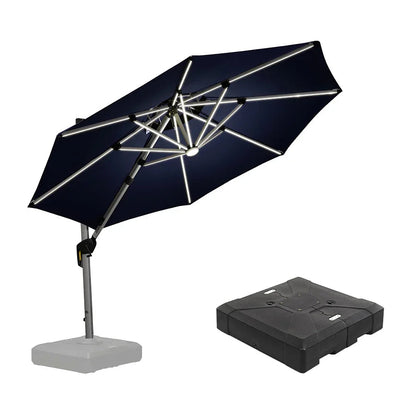 Round Cantilever Umbrella with Base, Outdoor Umbrellas with Lights