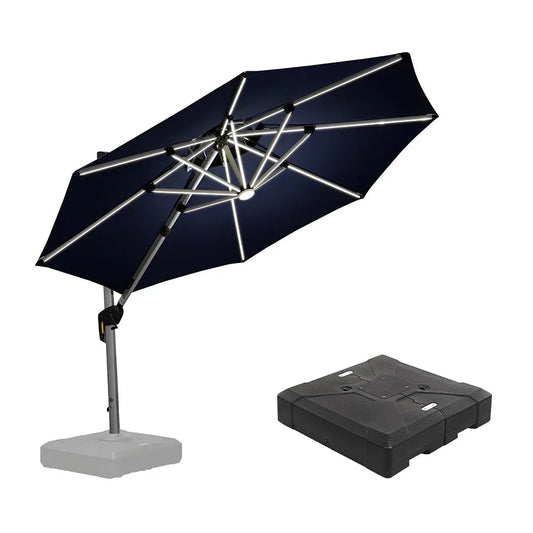 Round Cantilever Umbrella with Base, Outdoor Umbrellas with Lights