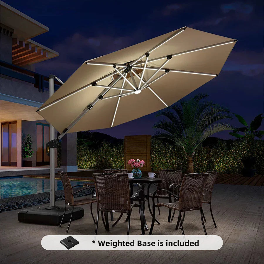 Round Cantilever Umbrella with Base, Outdoor Umbrellas with Lights