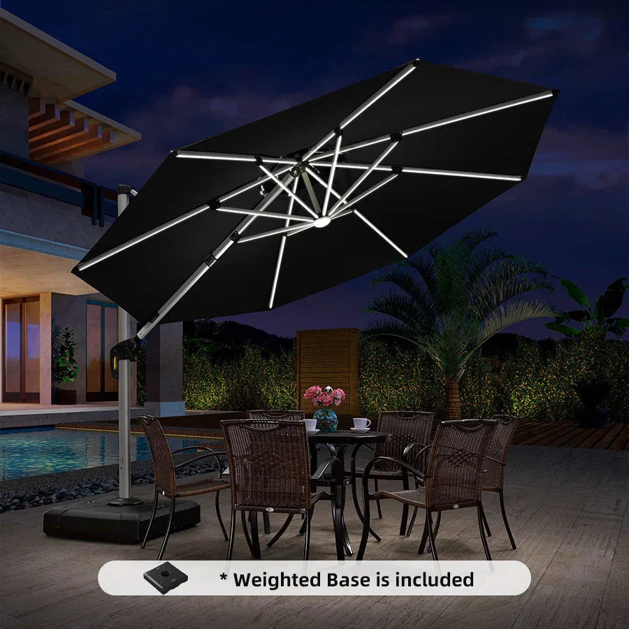Round Cantilever Umbrella with Base, Outdoor Umbrellas with Lights