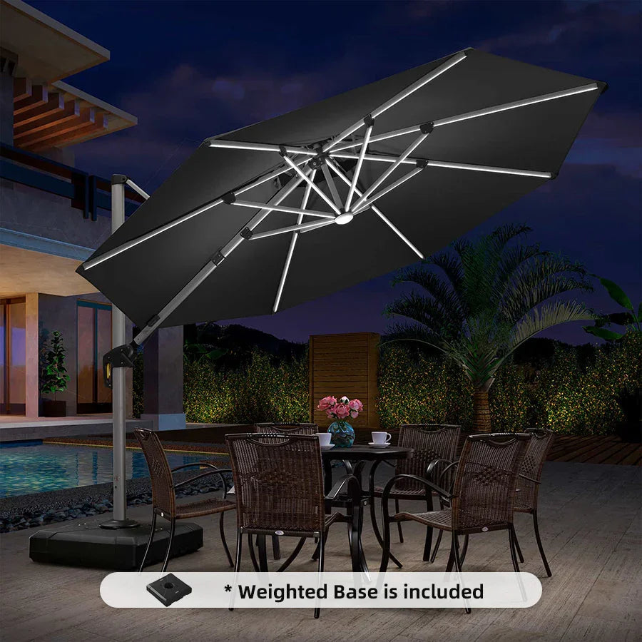 Round Cantilever Umbrella with Base, Outdoor Umbrellas with Lights