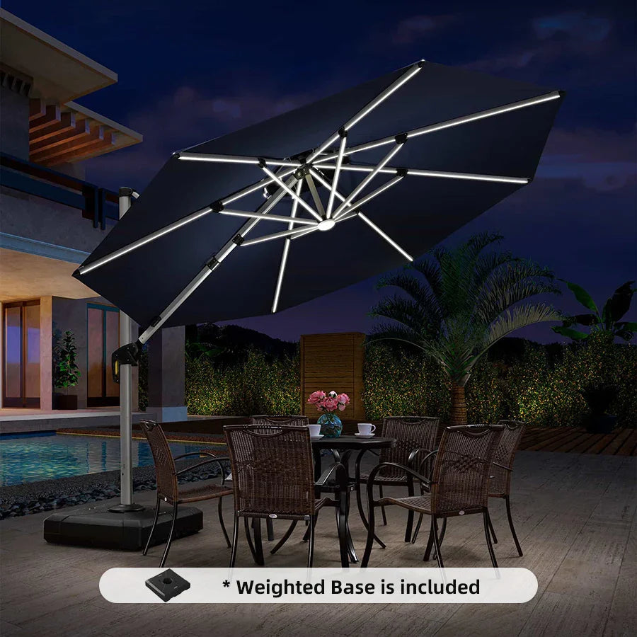 Round Cantilever Umbrella with Base, Outdoor Umbrellas with Lights