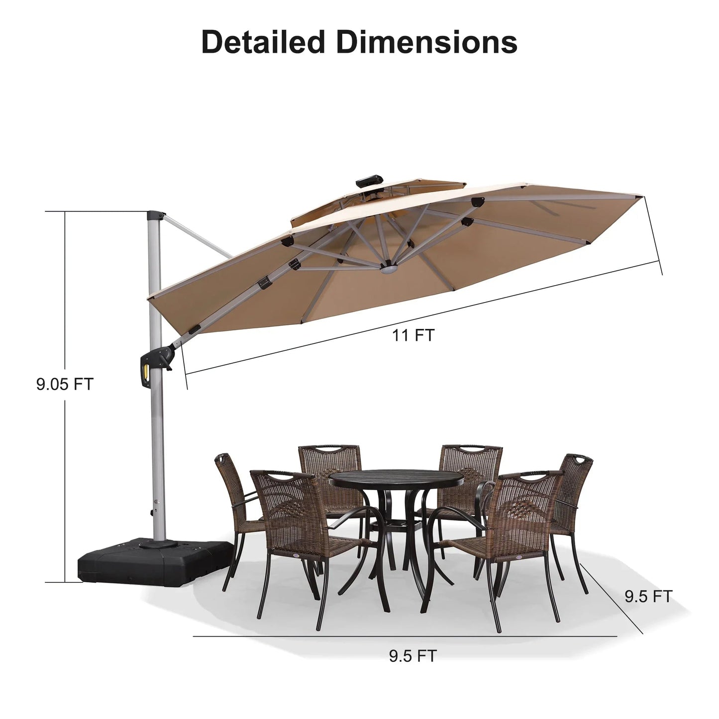 Round Cantilever Umbrella with Base, Outdoor Umbrellas with Lights