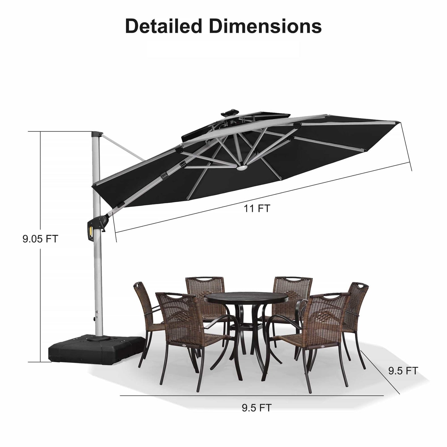 Round Cantilever Umbrella with Base, Outdoor Umbrellas with Lights