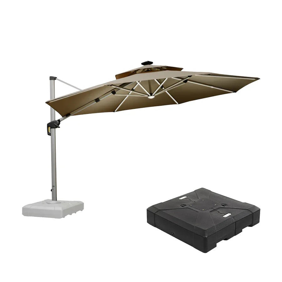 Round Cantilever Umbrella with Base, Outdoor Umbrellas with Lights
