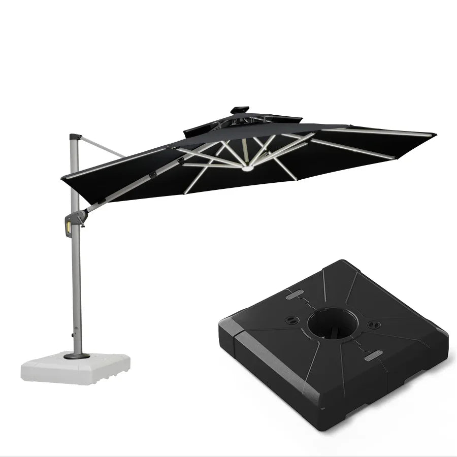 Round Cantilever Umbrella with Base, Outdoor Umbrellas with Lights