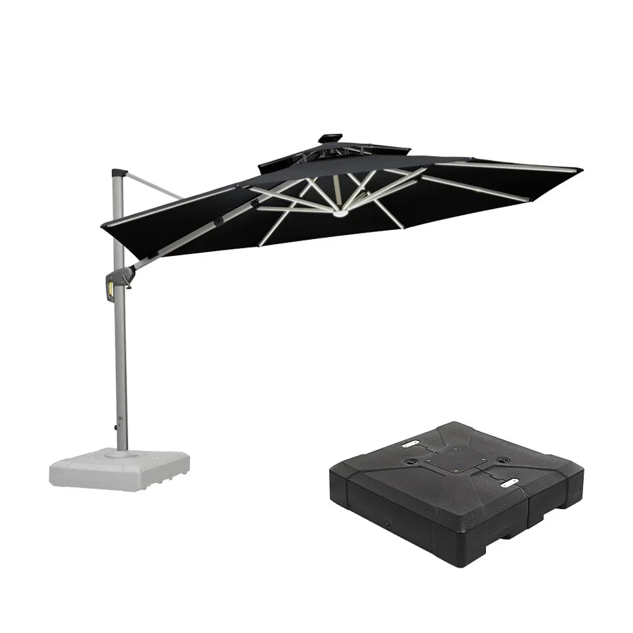 Round Cantilever Umbrella with Base, Outdoor Umbrellas with Lights