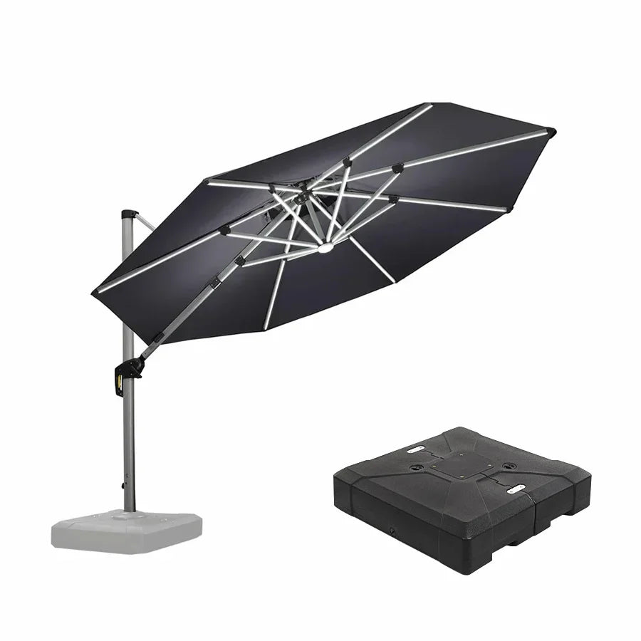 Round Cantilever Umbrella with Base, Outdoor Umbrellas with Lights