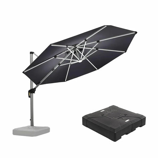 Round Cantilever Umbrella with Base, Outdoor Umbrellas with Lights
