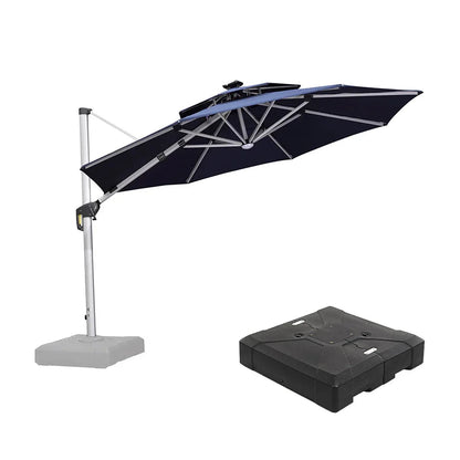 Round Cantilever Umbrella with Base, Outdoor Umbrellas with Lights