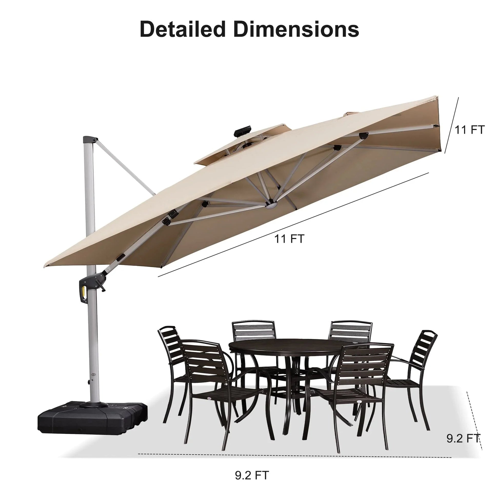 Square Cantilever Umbrella with Base, Outdoor Umbrellas with Lights