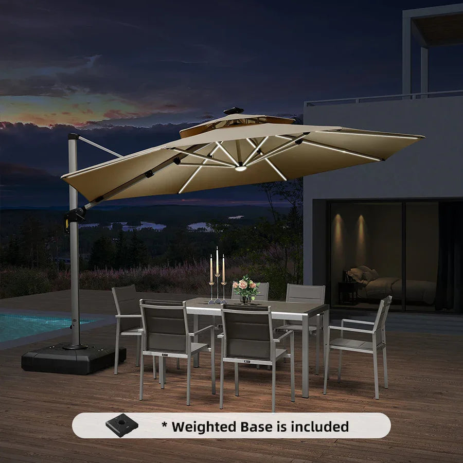 Round Cantilever Umbrella with Base, Outdoor Umbrellas with Lights