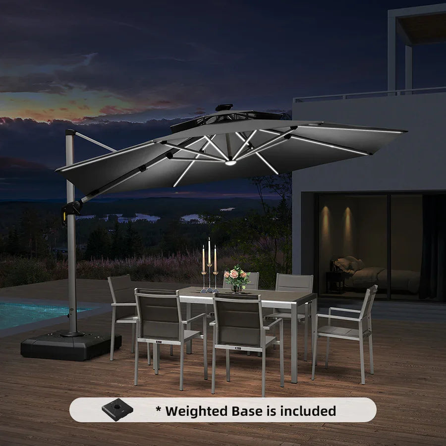 Round Cantilever Umbrella with Base, Outdoor Umbrellas with Lights
