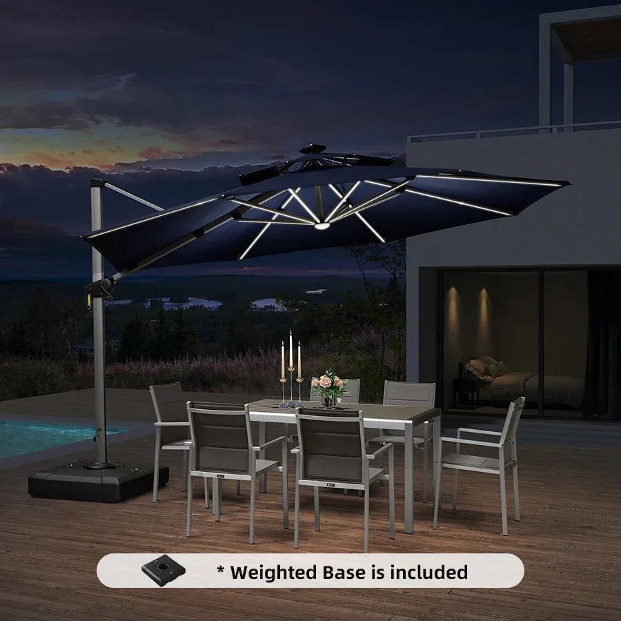 Round Cantilever Umbrella with Base, Outdoor Umbrellas with Lights