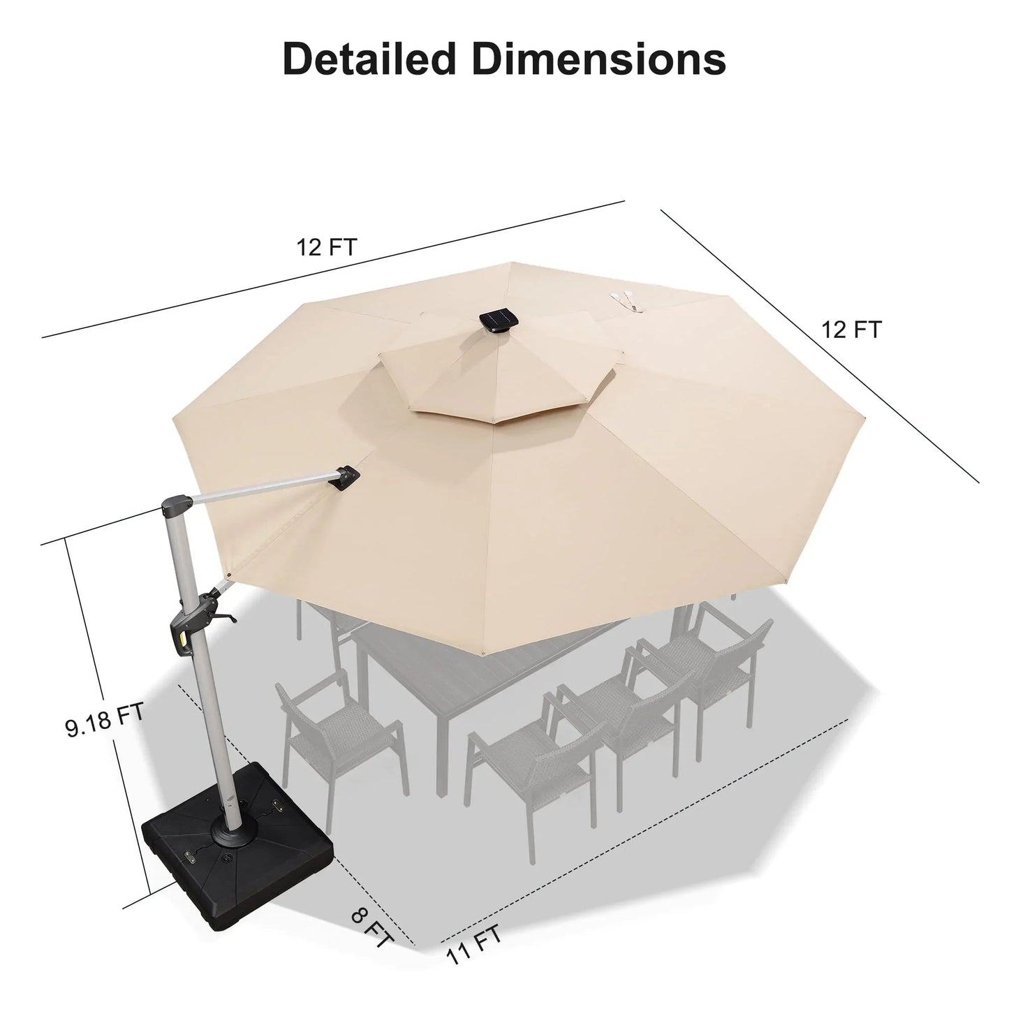 Round Cantilever Umbrella with Base, Outdoor Umbrellas with Lights