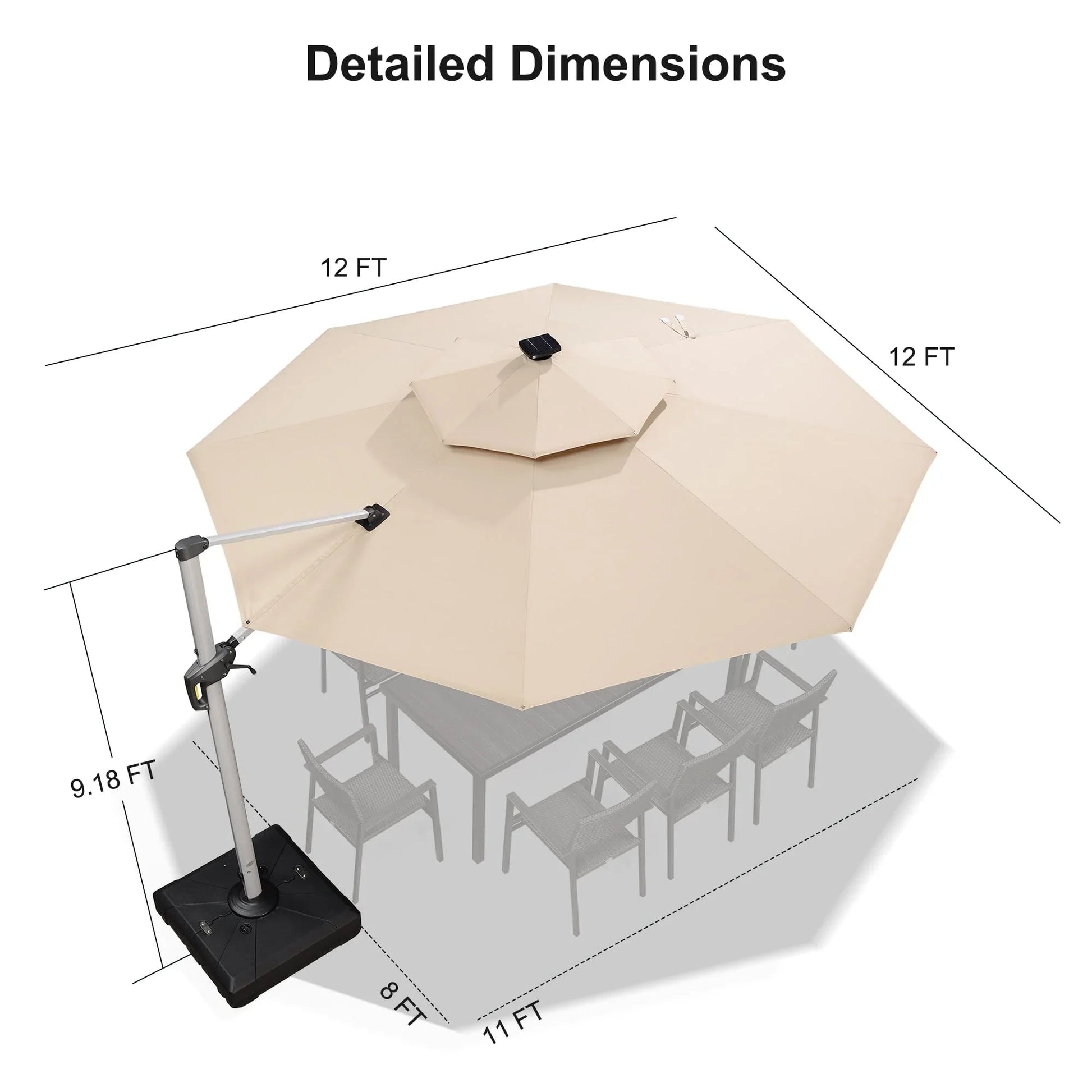 Round Cantilever Umbrella with Base, Outdoor Umbrellas with Lights