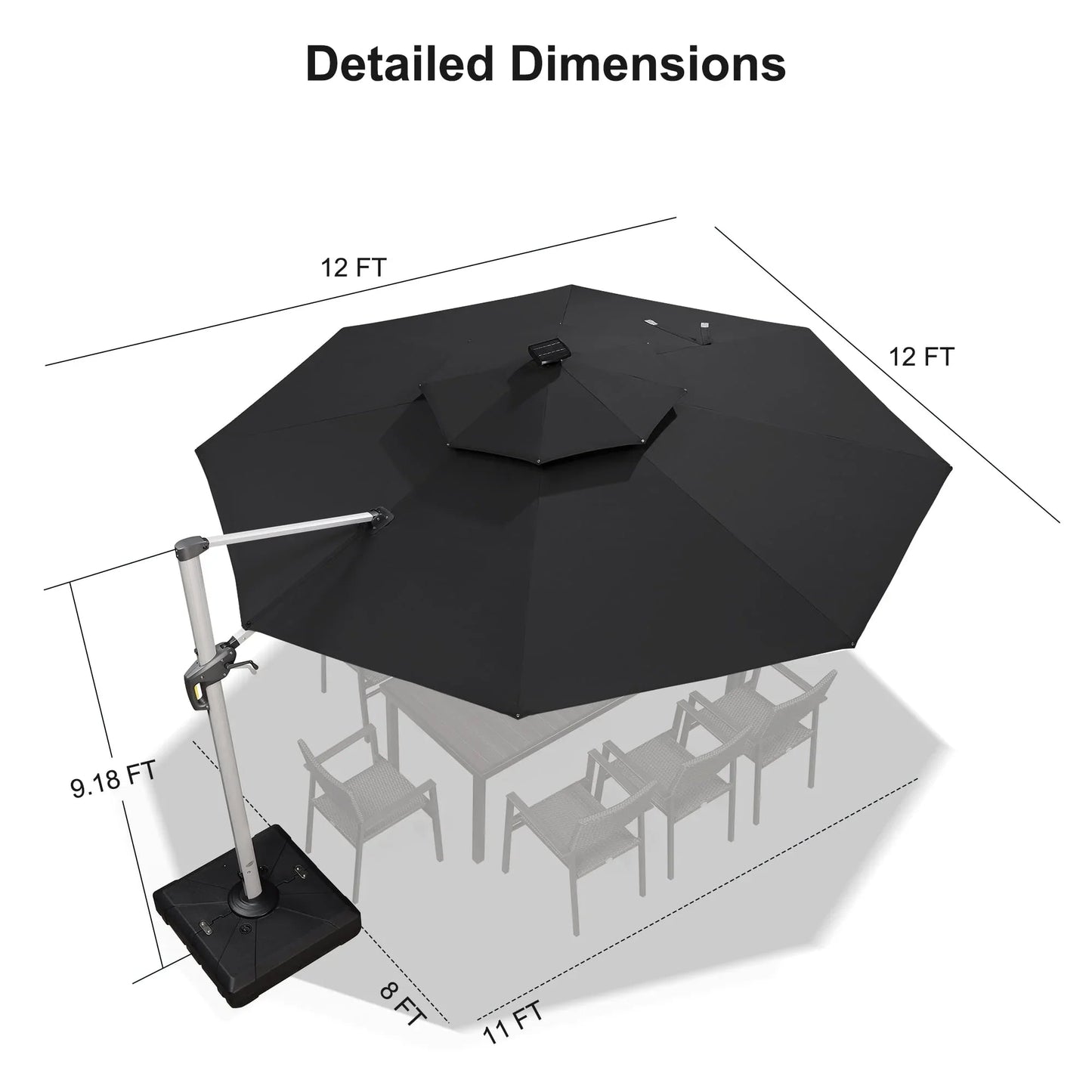 Round Cantilever Umbrella with Base, Outdoor Umbrellas with Lights
