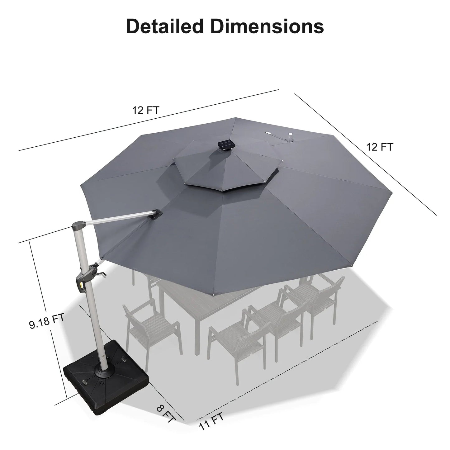 Round Cantilever Umbrella with Base, Outdoor Umbrellas with Lights