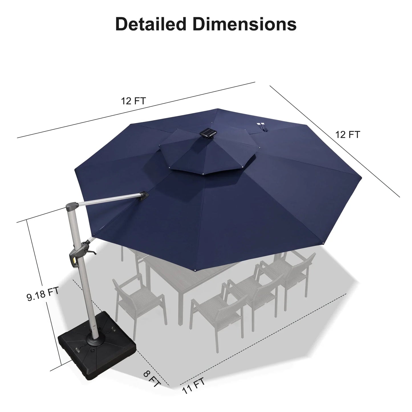 Round Cantilever Umbrella with Base, Outdoor Umbrellas with Lights