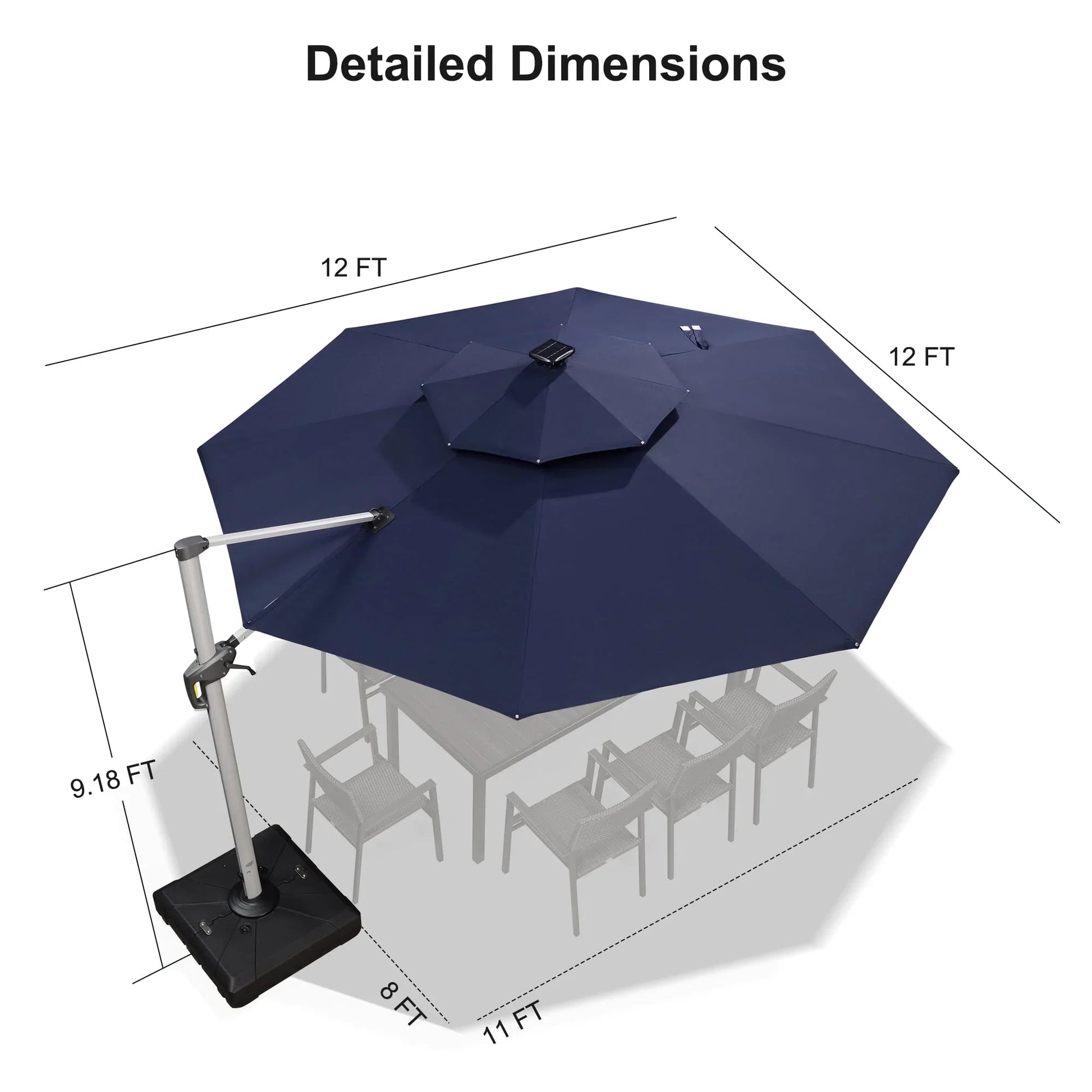 Round Cantilever Umbrella with Base, Outdoor Umbrellas with Lights
