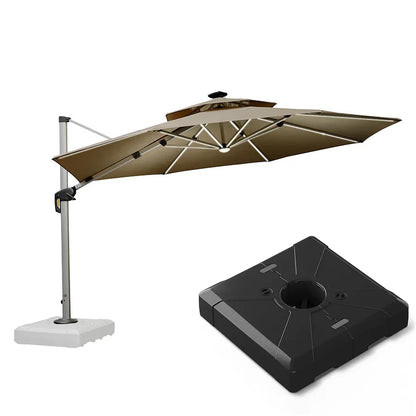 Round Cantilever Umbrella with Base, Outdoor Umbrellas with Lights