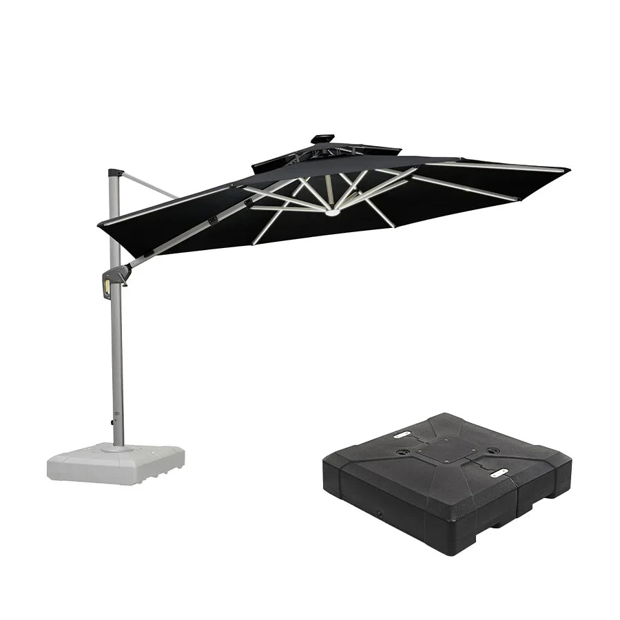 Round Cantilever Umbrella with Base, Outdoor Umbrellas with Lights