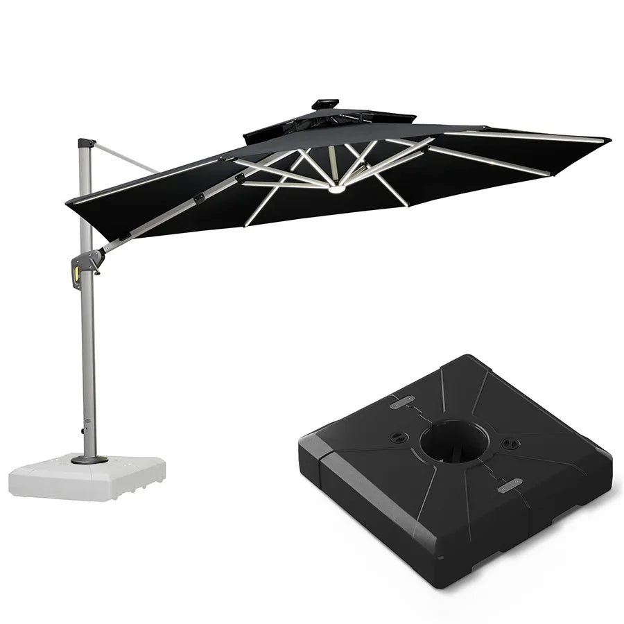 Round Cantilever Umbrella with Base, Outdoor Umbrellas with Lights