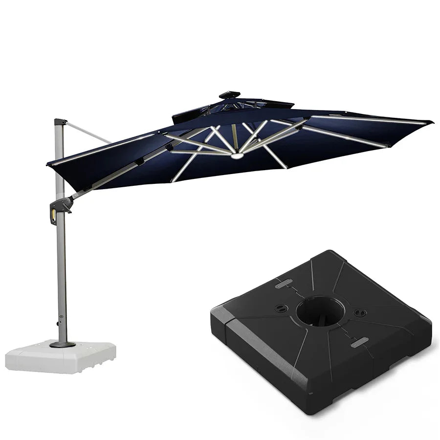 Round Cantilever Umbrella with Base, Outdoor Umbrellas with Lights
