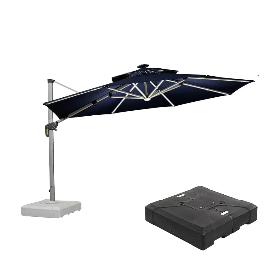 Round Cantilever Umbrella with Base, Outdoor Umbrellas with Lights