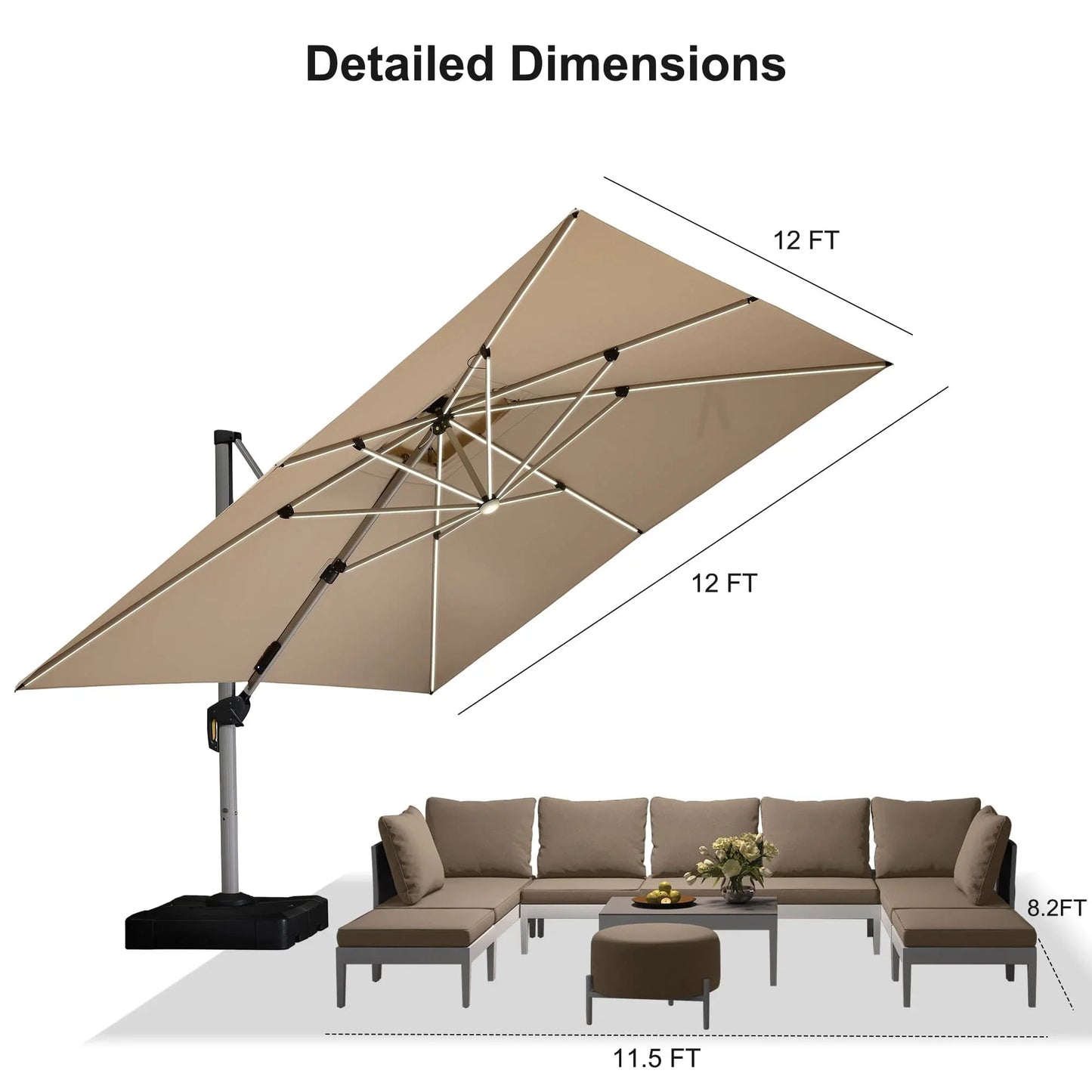 Square Cantilever Umbrella with Base, Outdoor Umbrellas with Lights