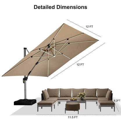 Square Cantilever Umbrella with Base, Outdoor Umbrellas with Lights