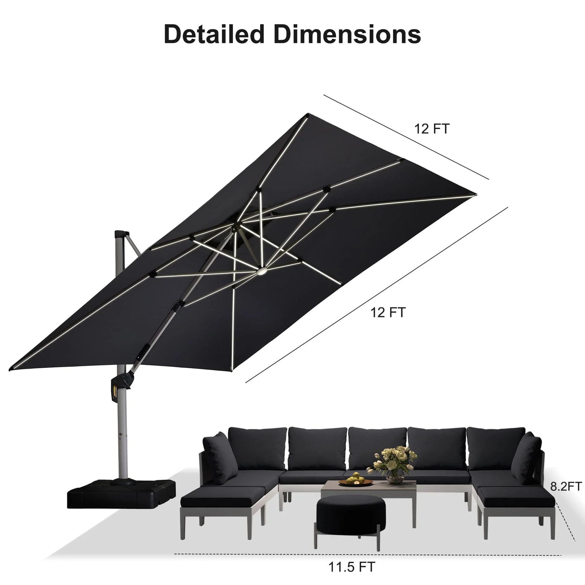 Square Cantilever Umbrella with Base, Outdoor Umbrellas with Lights