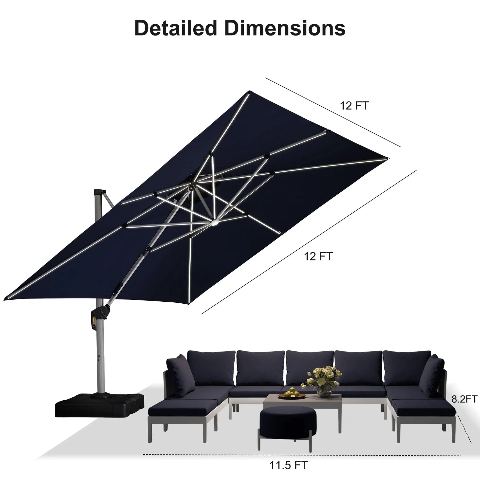 Square Cantilever Umbrella with Base, Outdoor Umbrellas with Lights