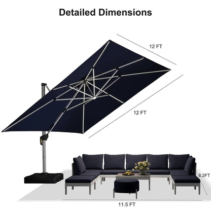 Square Cantilever Umbrella with Base, Outdoor Umbrellas with Lights
