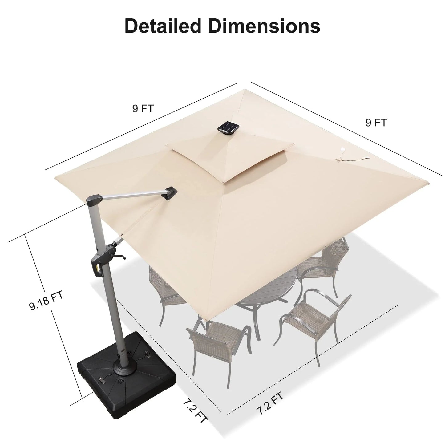 Square Cantilever Umbrella with Base, Outdoor Umbrellas with Lights