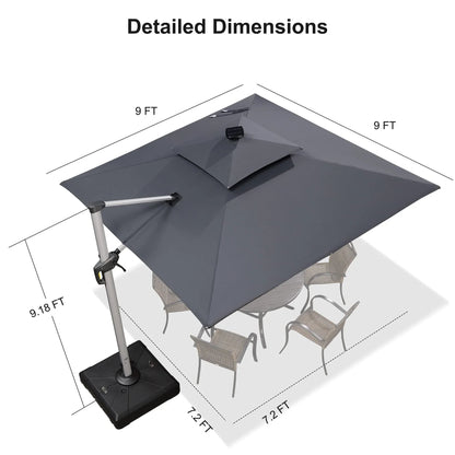 Square Cantilever Umbrella with Base, Outdoor Umbrellas with Lights