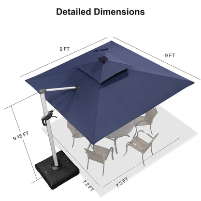 Square Cantilever Umbrella with Base, Outdoor Umbrellas with Lights