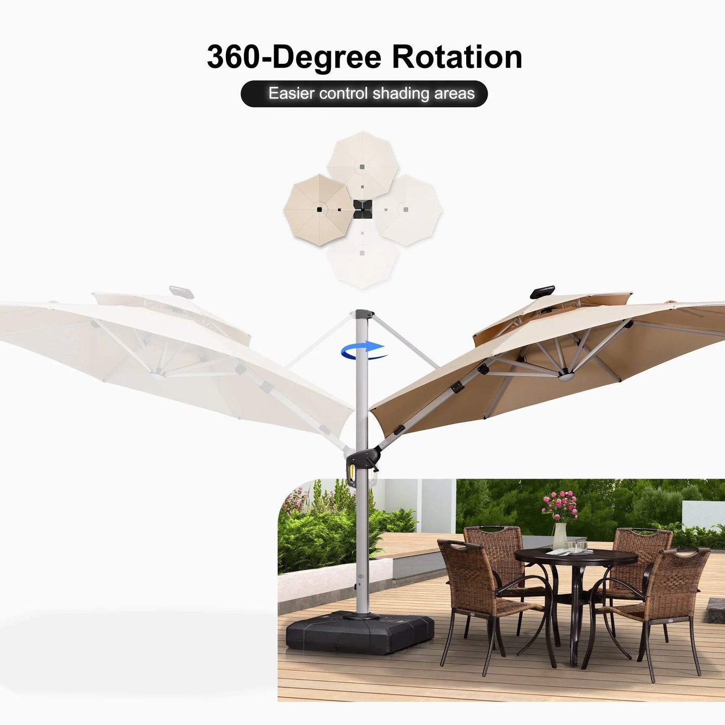 Round Cantilever Umbrella with Base, Outdoor Umbrellas with Lights