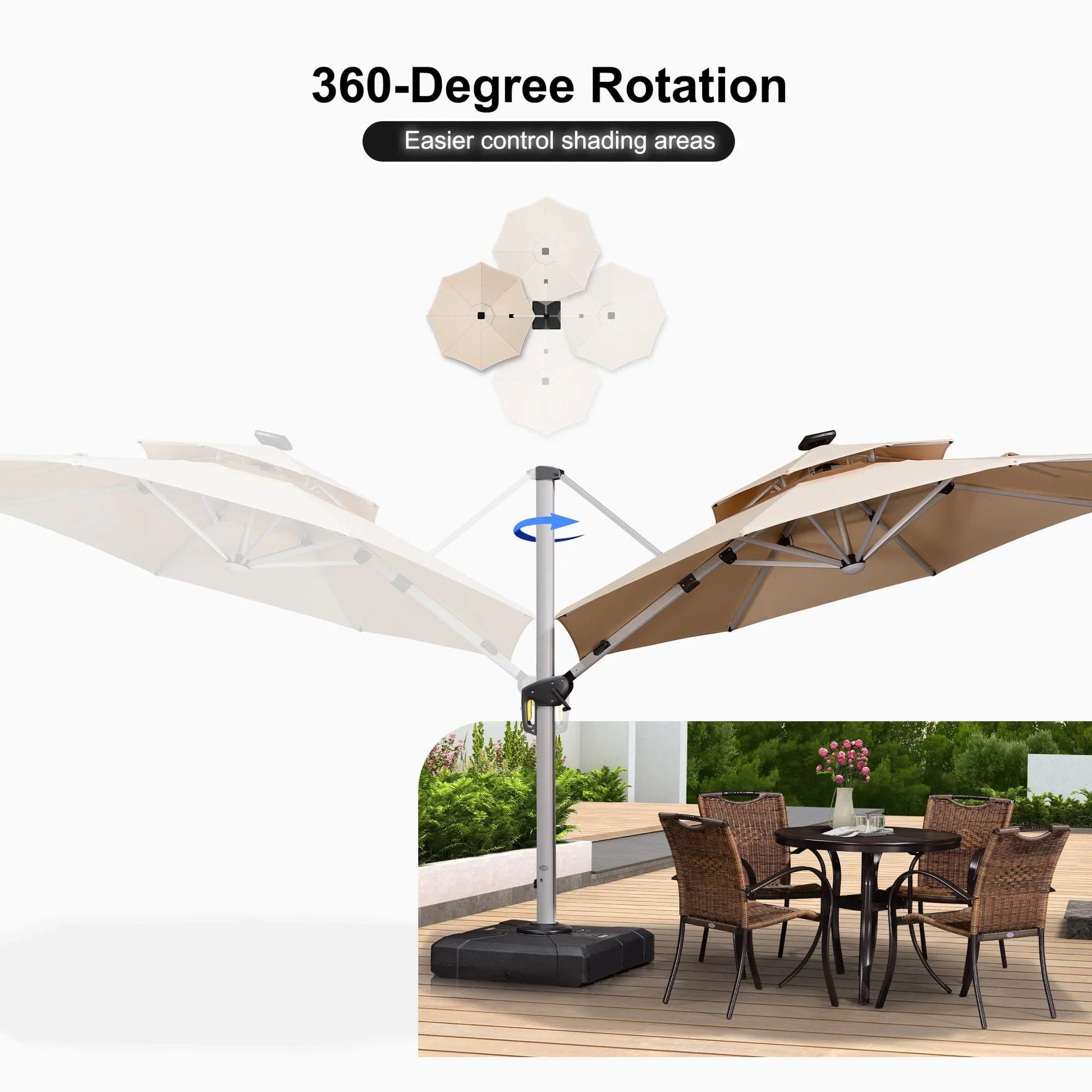 Round Cantilever Umbrella with Base, Outdoor Umbrellas with Lights
