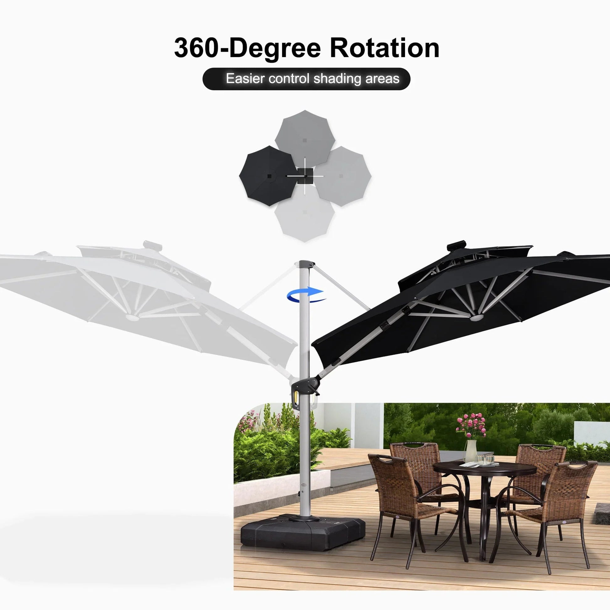 Round Cantilever Umbrella with Base, Outdoor Umbrellas with Lights